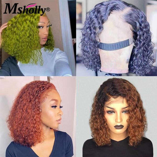 

13x4 lace front human hair wigs short curly green purple orange ombre ginger remy glueless brazilian for women, Black;brown
