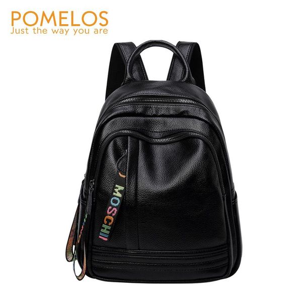 

outdoor bags pomelos women backpack excellent quality soft pu leather roomy big capacity practical solid black backpacks for teenage girls