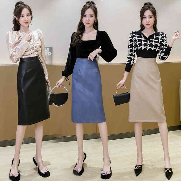 

skirts autumn winter high waist women's skirt leather pu korean style midi slit womens black blue khaki femme jupes dck0