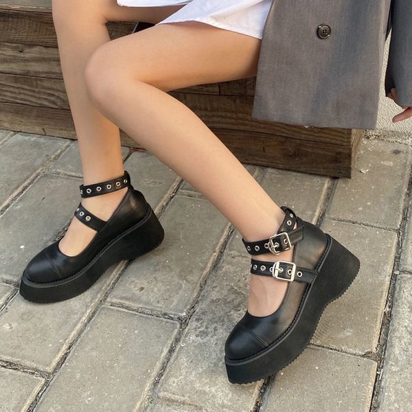 

sandals ladies solid buckle strap platform square high heels shoes women casual comfy vintage pumps, Black