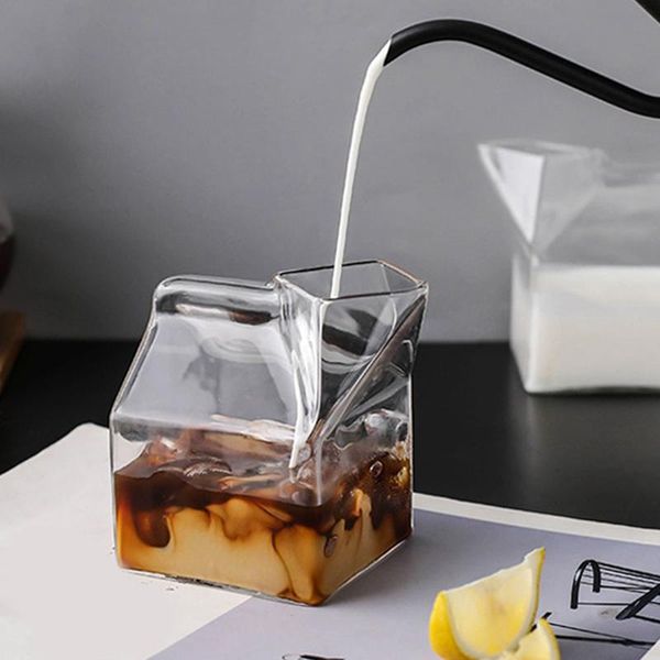 

glass milk cup square carton microwave oven can be heated home creative breakfast wine glasses