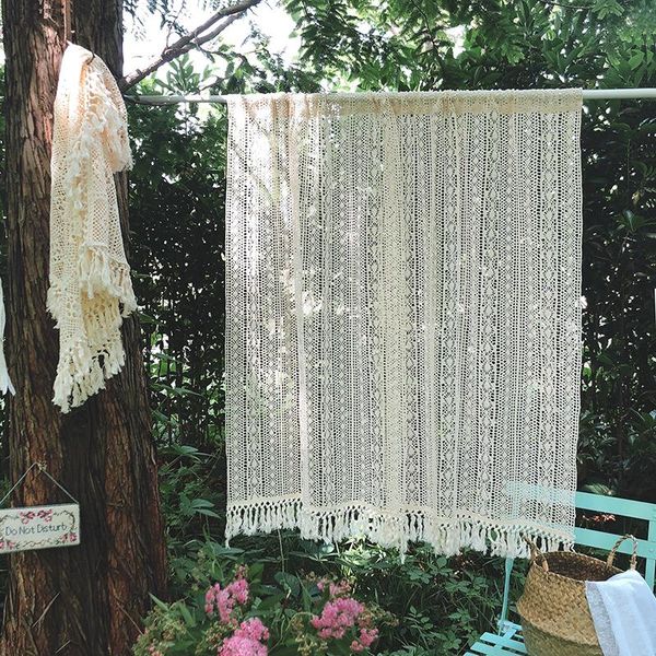 

boho chic crochet knitting curtain for bedroom living room beige sheer cotton linen farmhouse retro sliding door window drapes