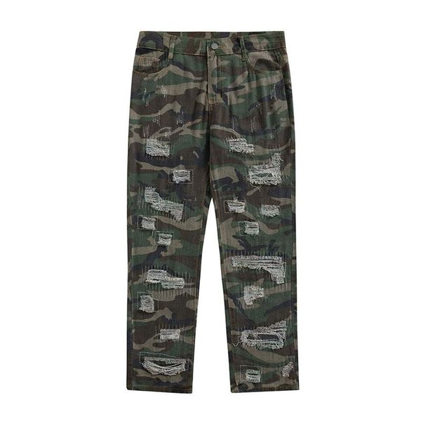 

men's jeans high street camouflage cargo pants oversize baggy washed denim trousers for male ripped straight fit, Blue