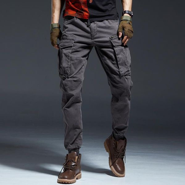 

men's pants army military streetwear fashion ankle length cargo men joggers elastic waist zipper many pockets black