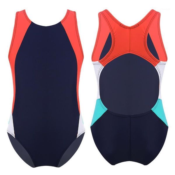 

oyolan kids girl swimsuit one-piece sleeveless color block racer back athletic swimwear beachwear children bathing suit one-pieces, Black