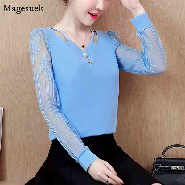 

spring summer silm women blouse shirts v neck embroidery chiffon shirt long sleeve female s blusas 2314 210512, White