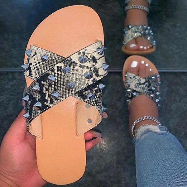 

women's shoes summer flats slippers ladies rivet snake female casual beach light slipper open toe plus size 43, Black