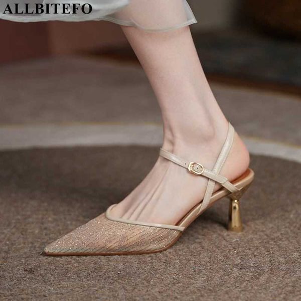 

allbitefo pointed toe mesh genuine leather sheepskin insole women heels sandals fashion beautiful girls shoes sandals for girls 210611, Black