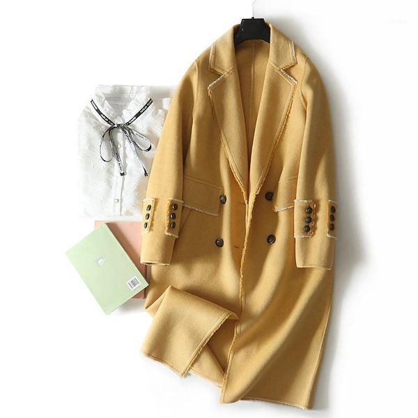 

women's wool & blends women double-sided woolen coat fall winter mid-long over the knee pure cloth suit collar female outerwear, Black