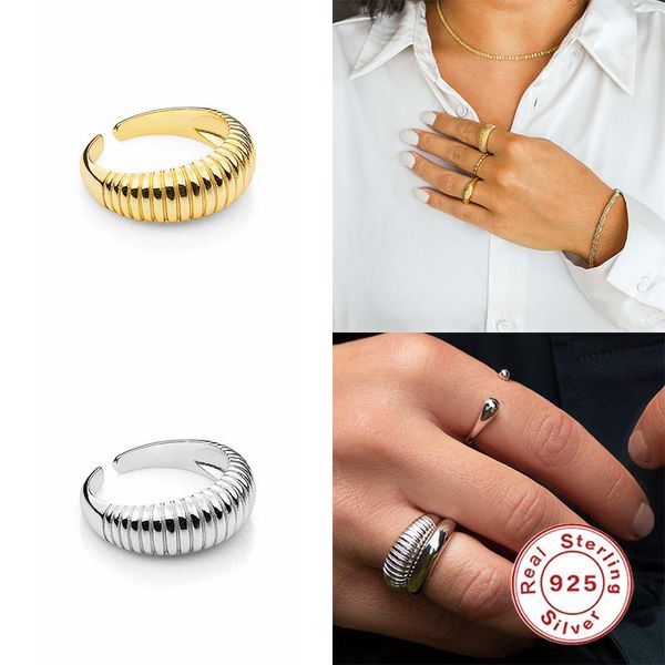 

100% s925 sterling silver round smooth wavy rings opening character gold-plated adjustabl female ring fine jewelry cluster, Golden;silver