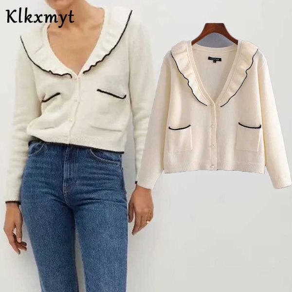 

klkxmyt za women fashion pearl button cropped knitted cardigan sweater vintage long sleeve pocket female outerwear chic 210527, White