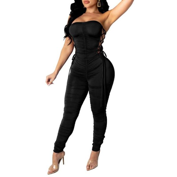 

women's jumpsuits & rompers musuos women strapless tube romper backless lace-up hollow out ruched playsuits pants skinny fitness clothe, Black;white