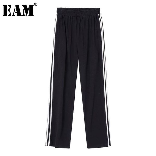 

[eam] high elastic waist striped split joint wide leg long trousers loose fit pants women fashion spring autumn 2021 1da410 women's & c, Black;white