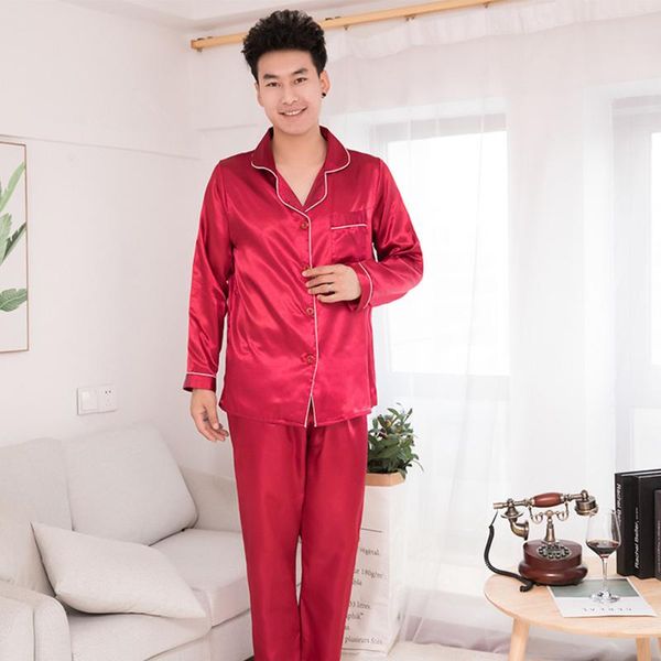 

men's sleepwear silk satin men pajamas set fashion couple solid color long sleeve suit casual two-piece pyjama autumn elastic homewear, Black;brown