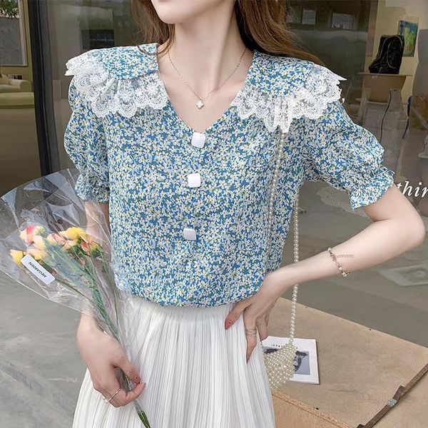 

women's blouses & shirts french temperament retro camisa feminina v-neck bubble short sleeve floral chiffon shirt baby collar female wo, White