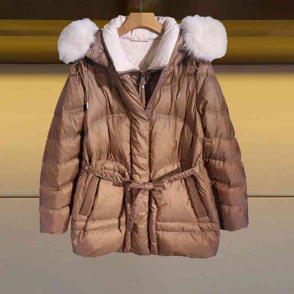 

2021 winter new women's long sleeve hooded zipper wool collar pocket coat warm down jacket n142601c, Black