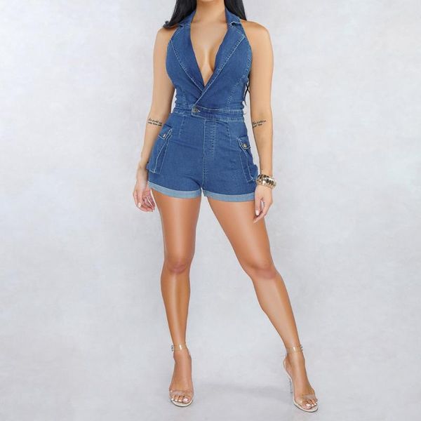 

women's jumpsuits & rompers women halter v-neck denim jumpsuit short summer sleeveless button jean romper backless back zipper playsuit, Black;white