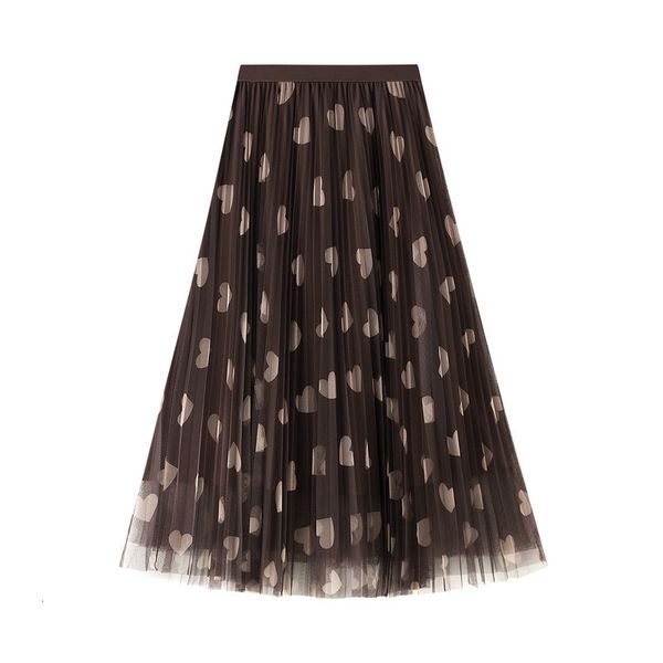

skirts korean style elegant heart dotted pleated tulle maxi long skirts, Black