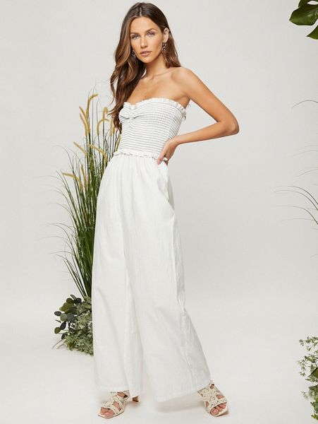 

frill trim shirred detail wide leg tube jumpsuit r7g6#, White