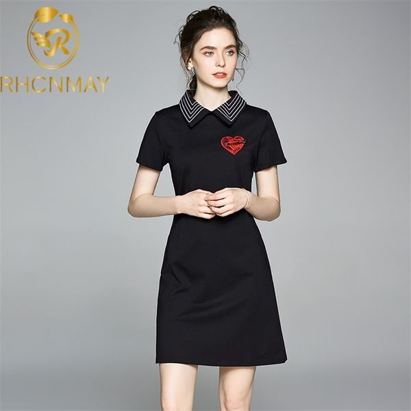 

summer fashion casual black dress elegant turn-down collar short sleeve slim love embroidery brooch women's mini 210506, Black;gray