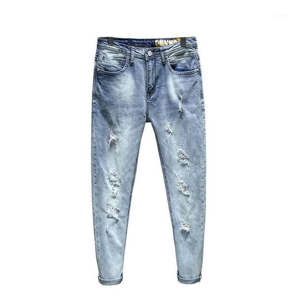 

men spring and autumn fashion soft slim hole korean version casual pants elasticity youthful vitality length men's jeans, Blue