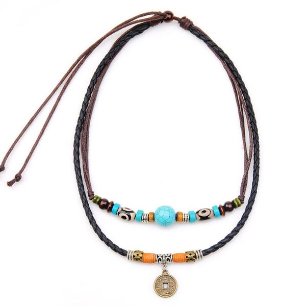 

double-layers leather rope necklace for men vintage fashion retro coin decor layered pendant charm wax faux necklaces, Silver
