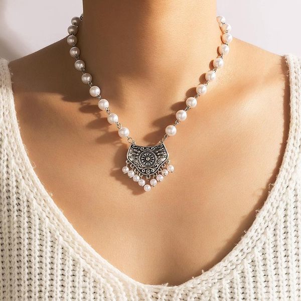 

pendant necklaces bohemian pearl tassel necklace for women vintage silver color geometry carving choker female jewelry collar 18108