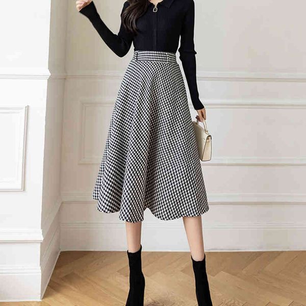 

skirts fall winter retro plaid woolen women korean fashion high waist houndstooth midi female elegant a-line mujer faldas 7y0q, Black
