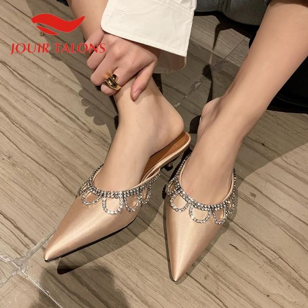 

slippers jouir talons dropship silk women mules sandals thin heels pointed toe outside crystal summer slides, Black
