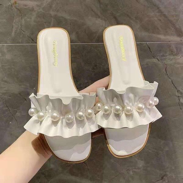 

slippers sandals and women's summer wear ins tide 2021 fashion fairy style sweet pearl flowers flat flip flops, Black