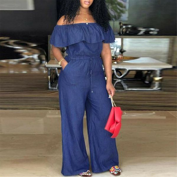 

style long denim women rompers off shoulder jeans solid casual playsuits pants plus size, Black;white