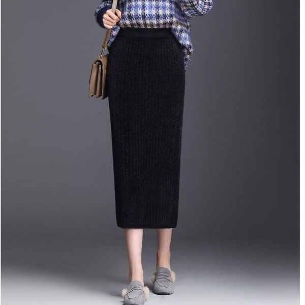 

skirts women 2021 autumn winter mid-long package hip skirt female high waist slim ladies elastic knitted v515, Black