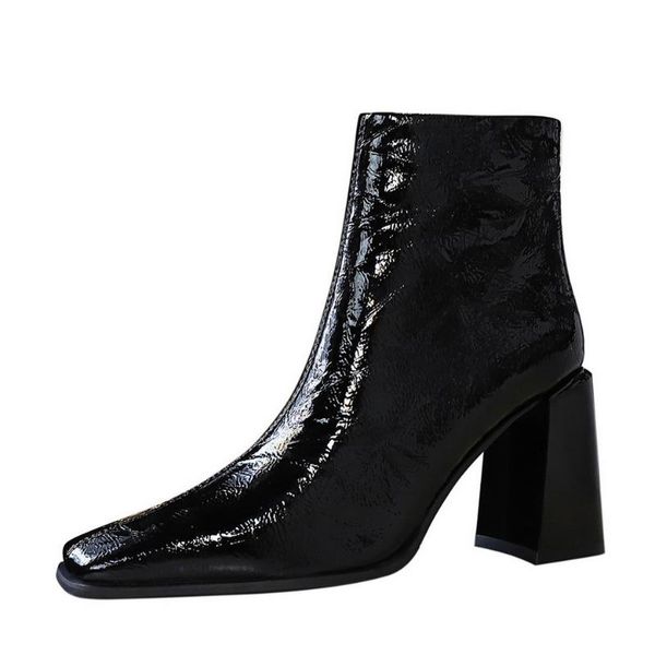 

boots european american style simple thick heel high square head wrinkled face patent leather show thin night club sexy, Black