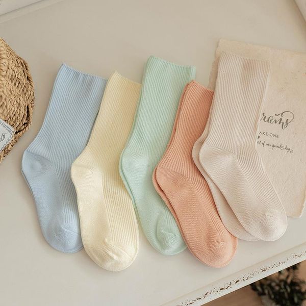 

socks 5 pairs children's solid color all-match boy and girl organic cotton tube spring autumn drop, Pink;yellow