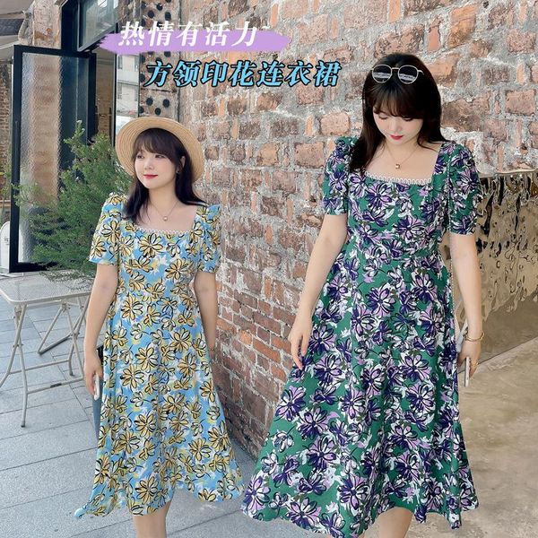 

plus size dresses women's summer retro square neck floral slim fit dress, Black
