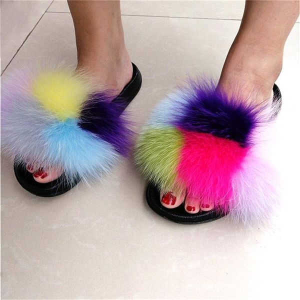 

slippers women brand fur slides arrival fluffy sandals summer non-slip real luxury party, Black