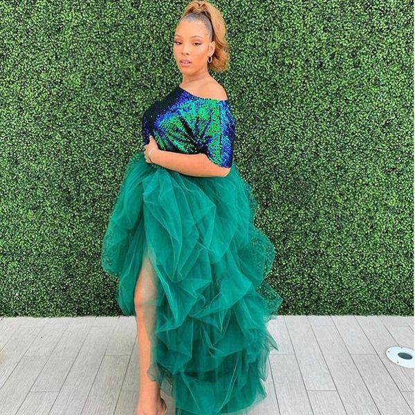

skirts high street emerald green tulle women 2021 elastic waistband long skirt side split maxi, Black