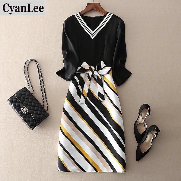 

casual dresses 2021 women's stripe splicing summer dress elegant ladies large size 4xl short sleeve fake two pieces slim chiffon, Black;gray