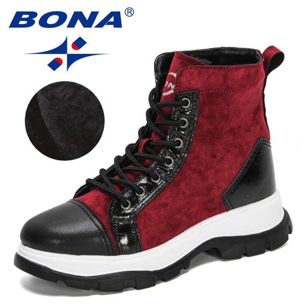 

boots bona 2021 designers chunky heels ankle women flock high winter ladies plush warm snow footwear feminimo, Black
