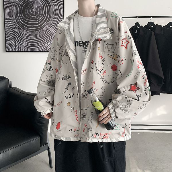 

wear coats on both sid men's spring and autumn brand loose handsome et fashion ins hip hop graffiti casual coat, Black;brown
