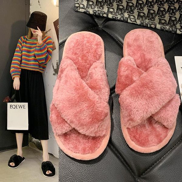 

sandals women 2021 winter indoor house slippers faux fur fashion warm shoes slip on flats female slides home furry, Black