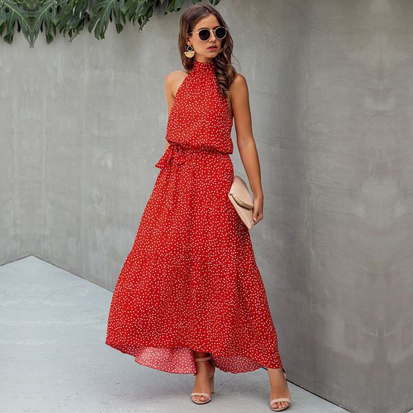 

2020 new fashion summer halter women sleeveless cotton print lace up long dress streetwear, Black;gray