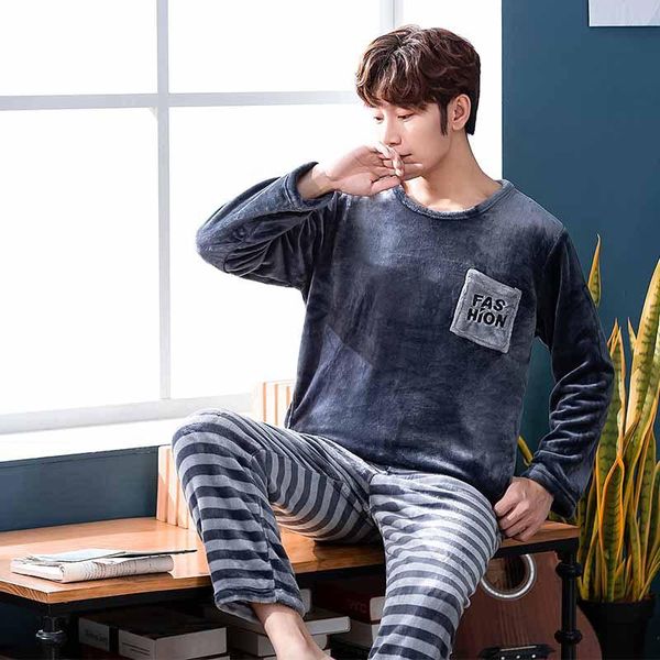 

men's sleepwear 2pcs/set coral fleece men pajamas sets flannel full pants warm thicken o-neck sleep wear winter man home clothes, Black;brown