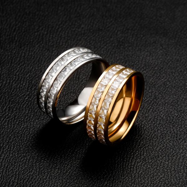 

hip hop rock 2 rows square cz zircon bling ice out gold silver color stainless steel round finger rings for men women rapper jewelry