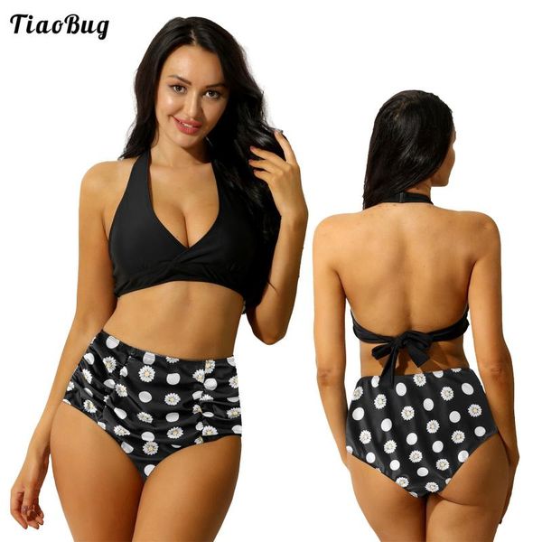 

tiaobug women summer 2pcs flower print swimsuit swimwear bathing suit halter v neck high waist ruched bikini briefs sets one-piece suits