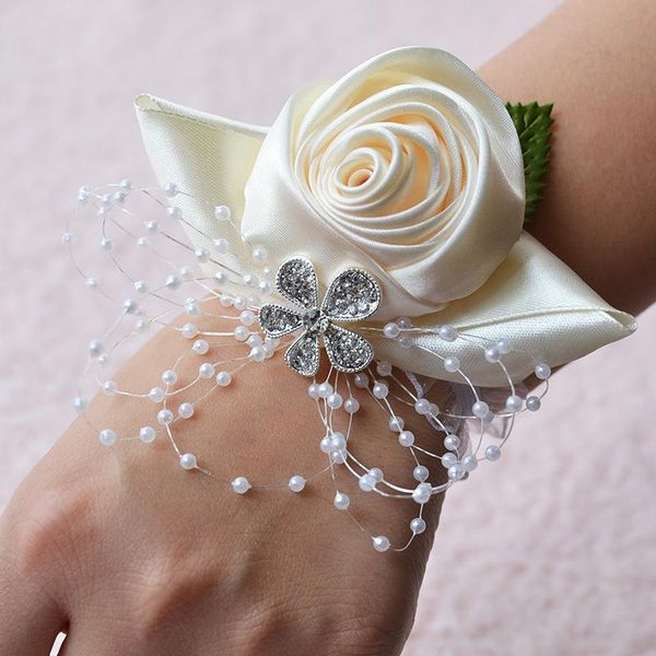 

charm bracelets women floral hand flowers bride bridesmaid pearl corsage crystal wedding party accessories rose wristband, Golden;silver