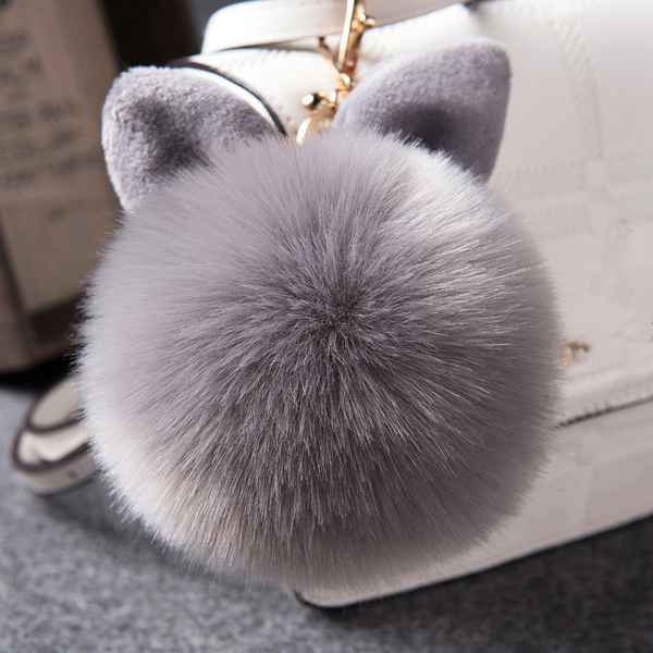 

10pcss fur pompom key chain fake rabbit fur ball keychains porte clef pom pom fluffy bag charms bunny pendants keychain keyring, Silver