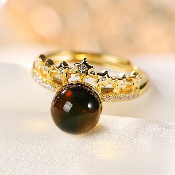 

cluster rings s925 sterling silver gilded natural mexican lambert amber sweet elegant trend star women ring fine jewelry k0202, Golden;silver
