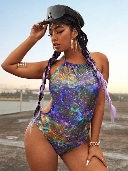 

plus galaxy print halter one piece swimsuit k6hs#, Black