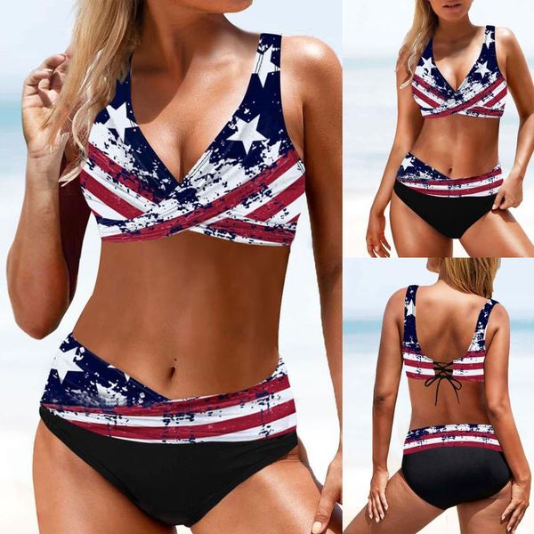 

ladies fashion high waist split swimsuit printed sling beach bikini bathing suit bather brazilian biquini women's swimwear, White;black